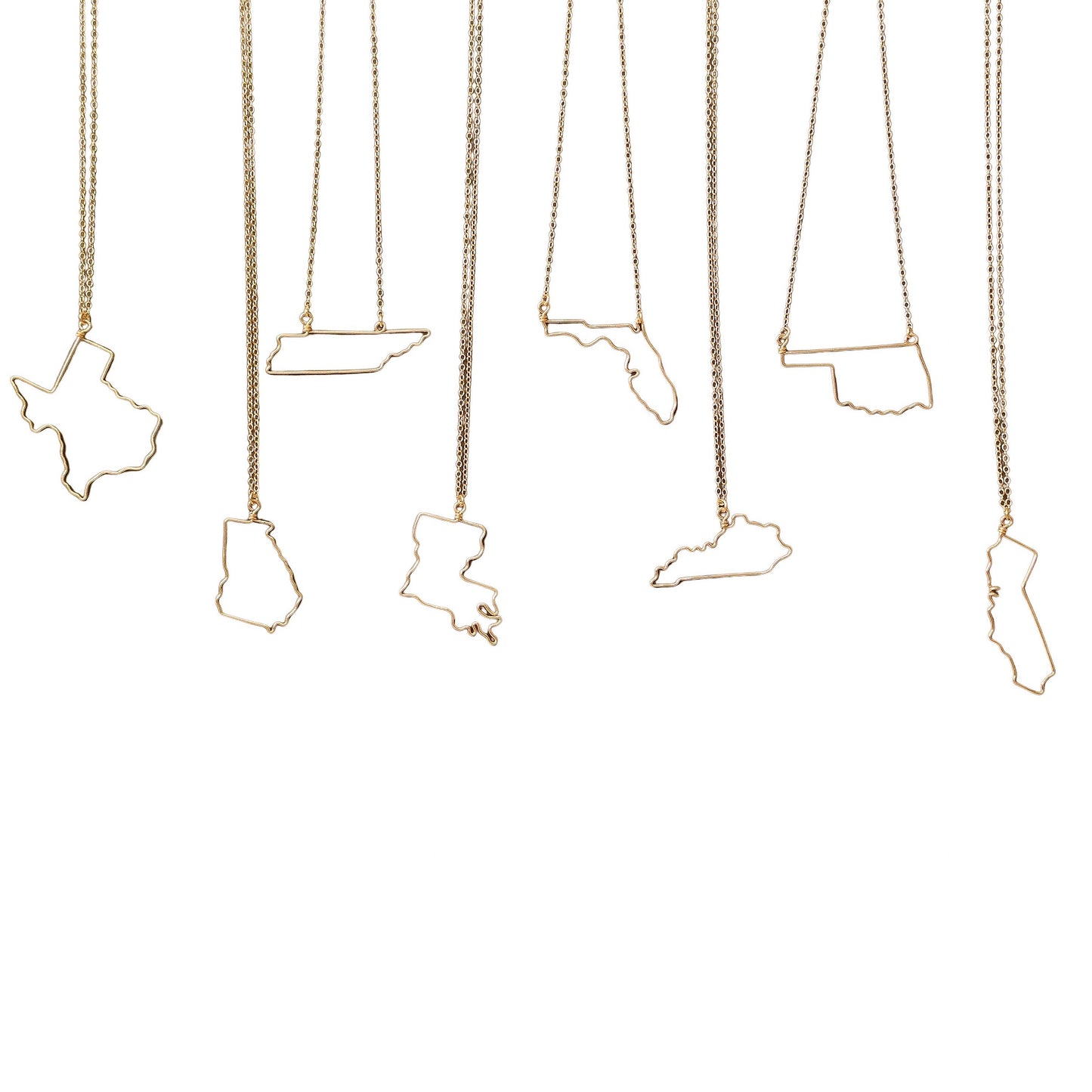 state outline necklaces featuring Texas necklace, Georgia necklace, Tennessee necklace, Louisiana necklace, Florida necklace, Kentucky necklace, Oklahoma necklace and California Necklace