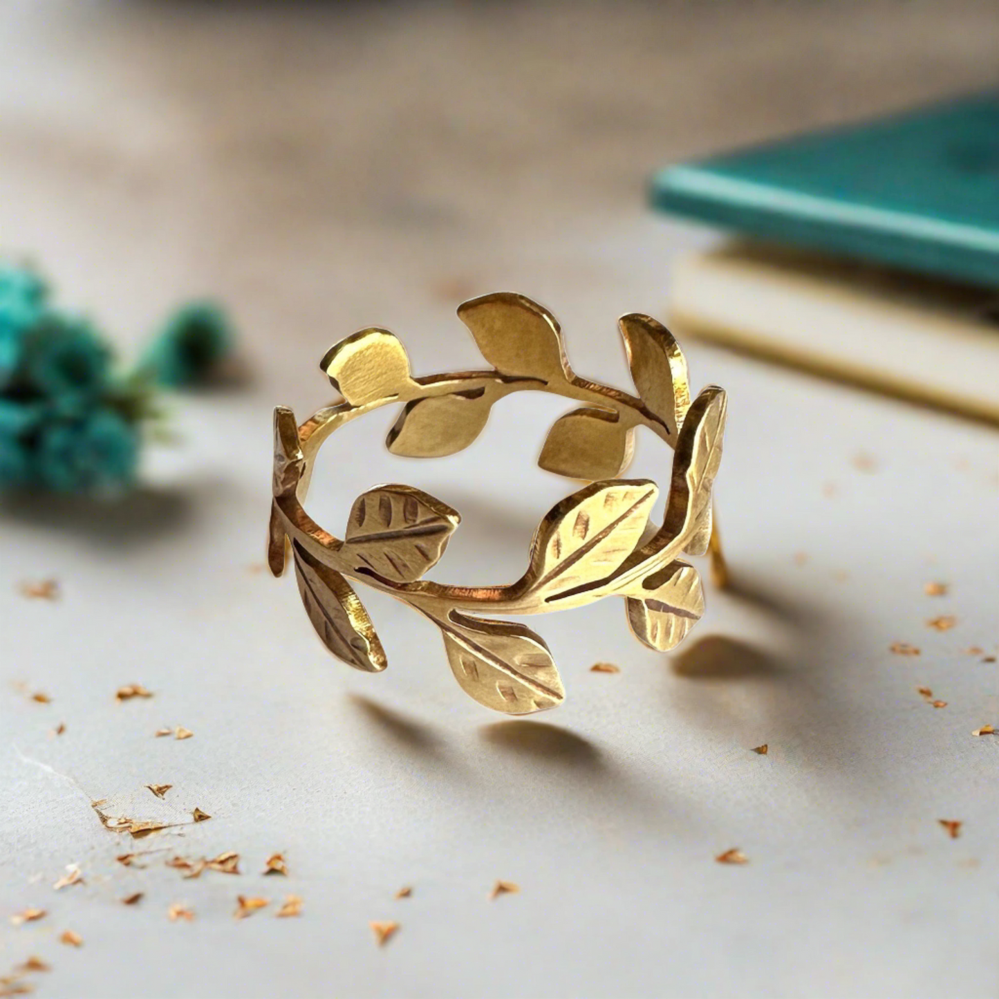 gold vine leaf ring with AI generated background