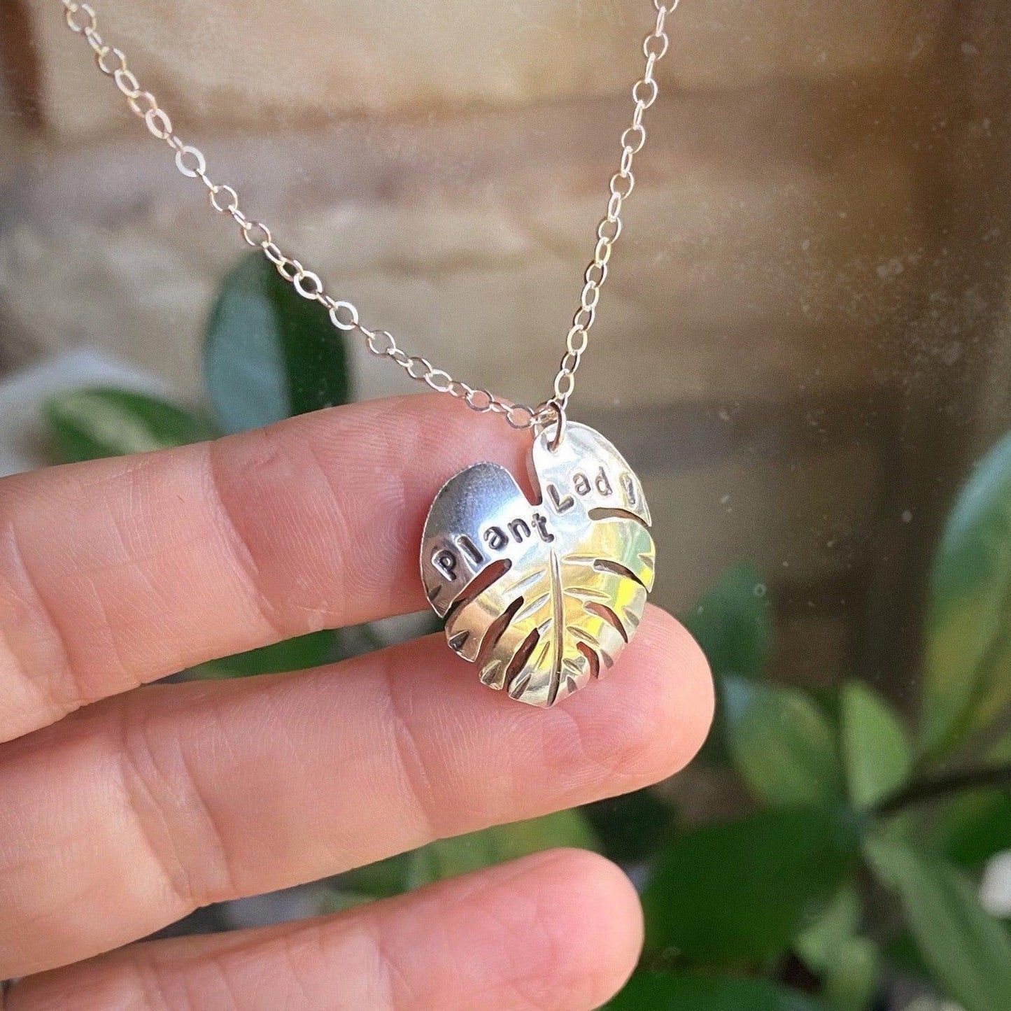 Plant Lady Monstera Necklace in Sterling Silver for the plant enthusiast.