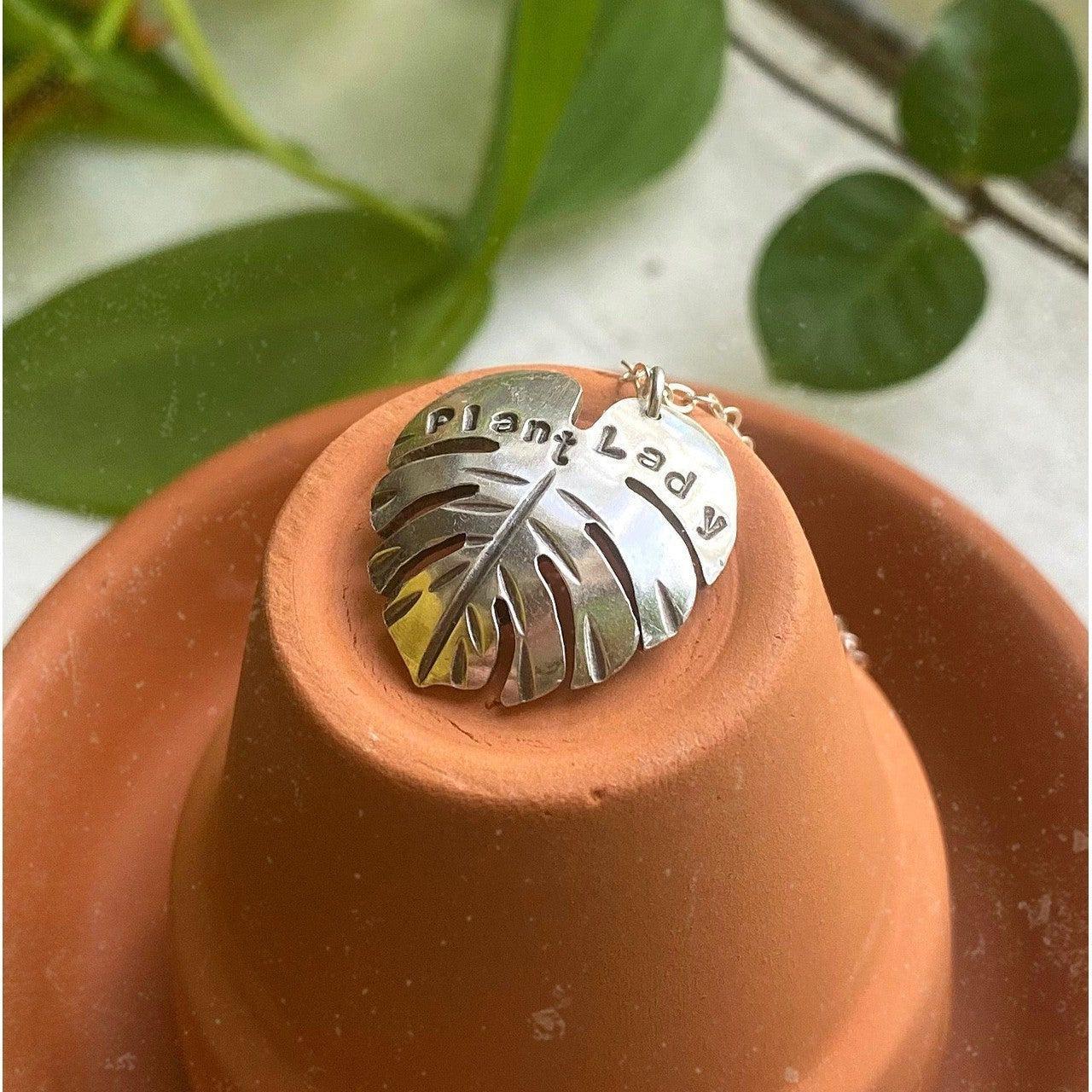 plant lady monstera necklace in sterling silver