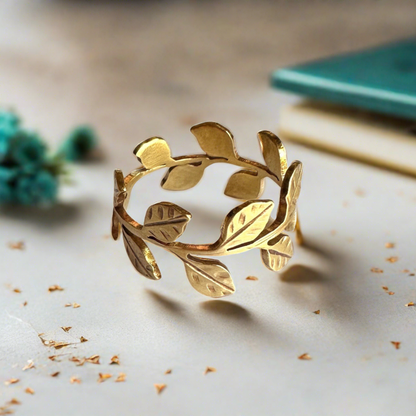 gold vine leaf ring with AI generated background