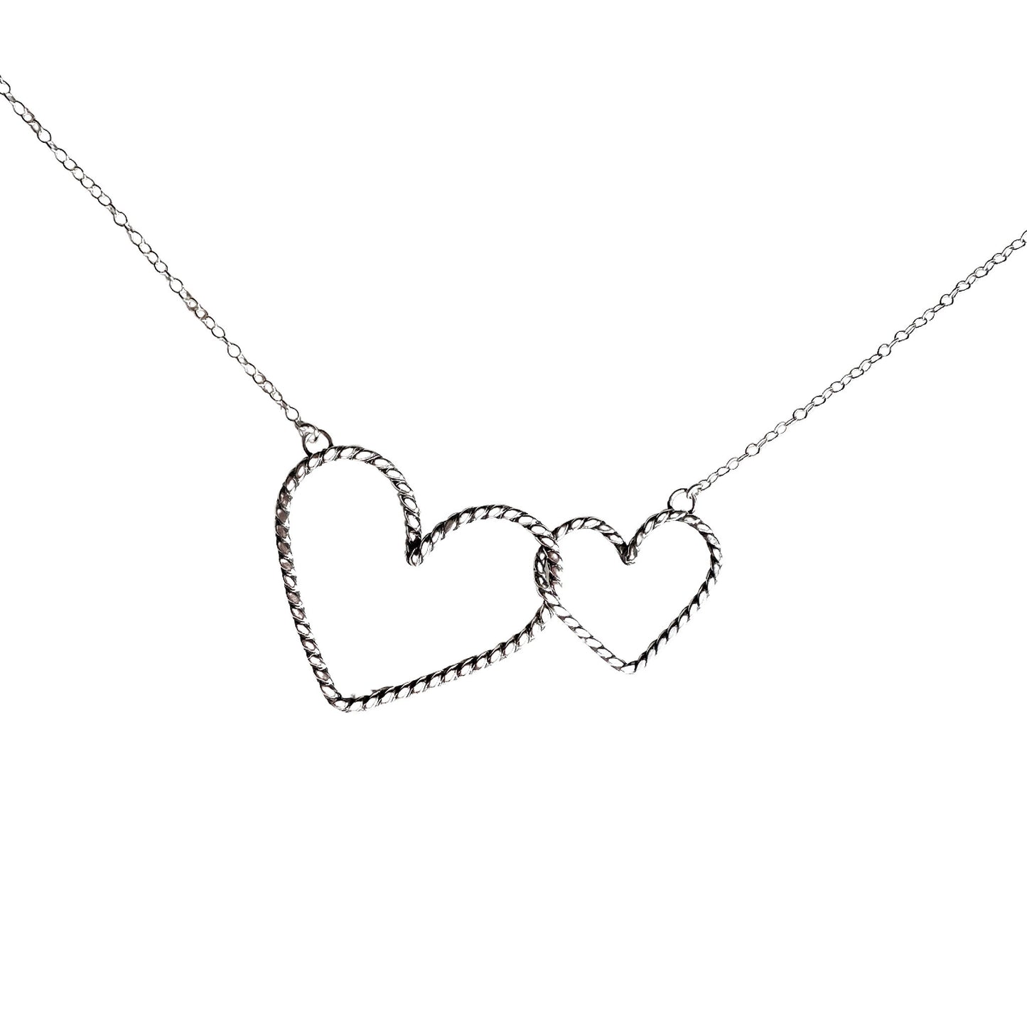 Silver Interlocking Hearts Necklace with rope wire design one larger and one smaller heart intertwined 