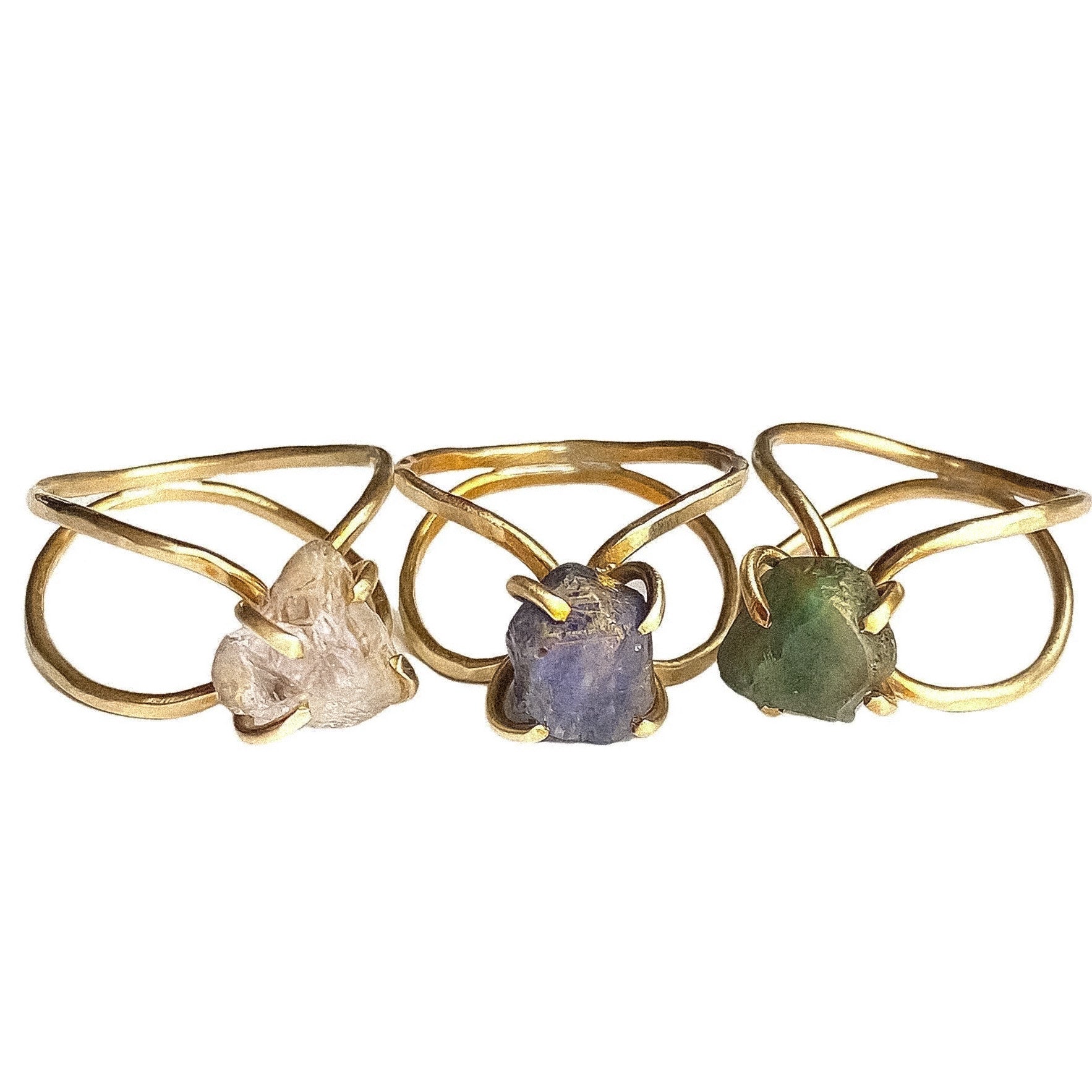 raw gemstone crystal rings with quartz, sapphire and emerald