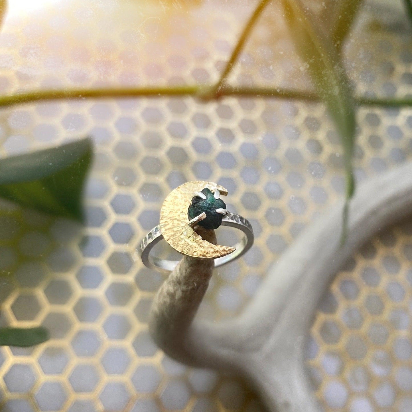Crescent Moon Ring with Raw Gemstone