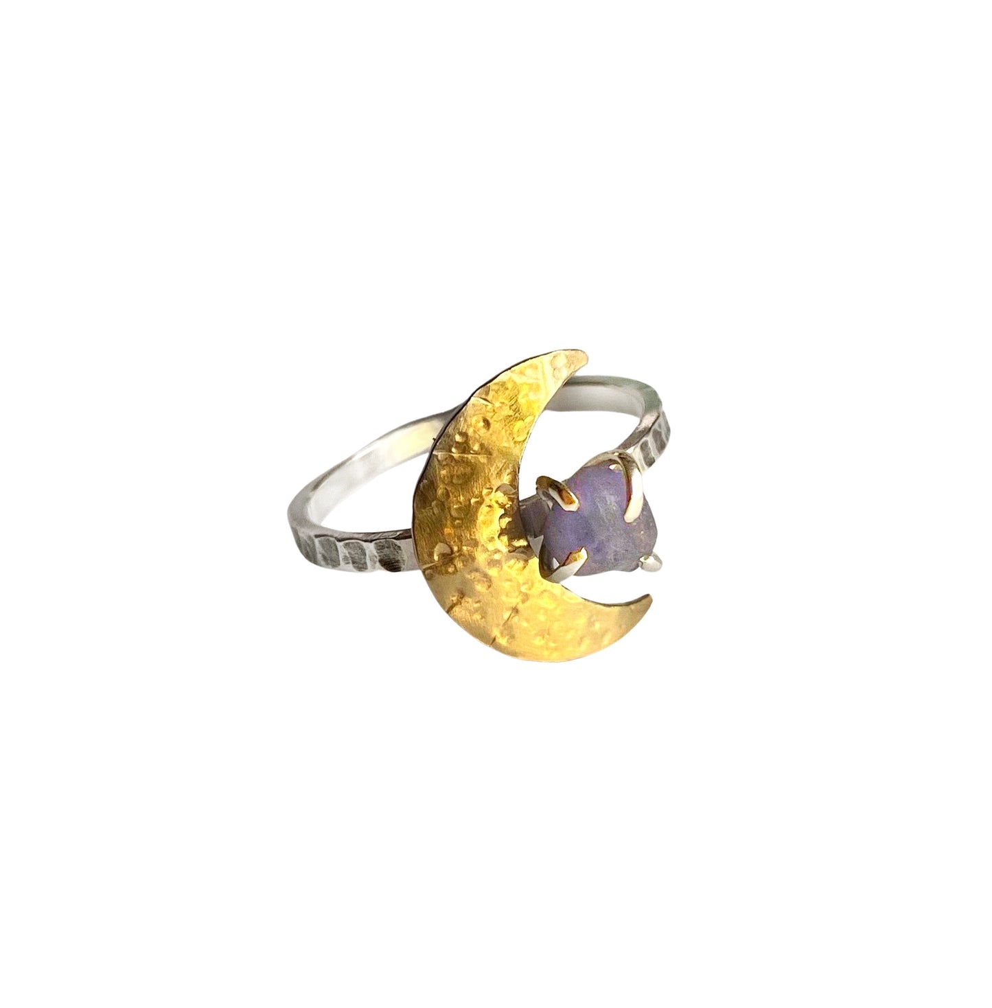 Crescent Moon Ring with Raw Gemstone