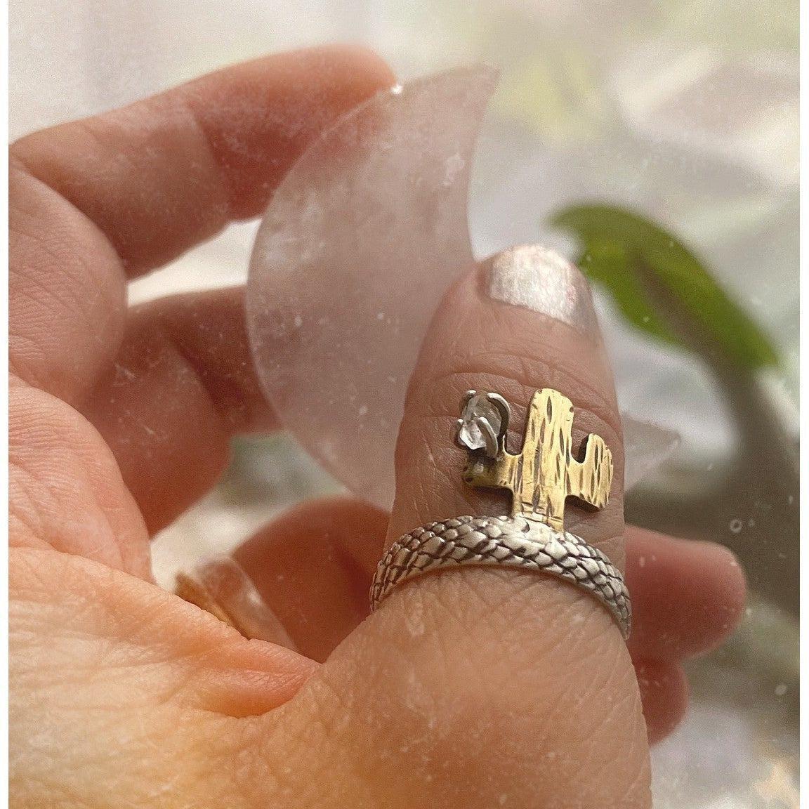 Saguaro Cactus Ring with prong set Herkimer Diamond